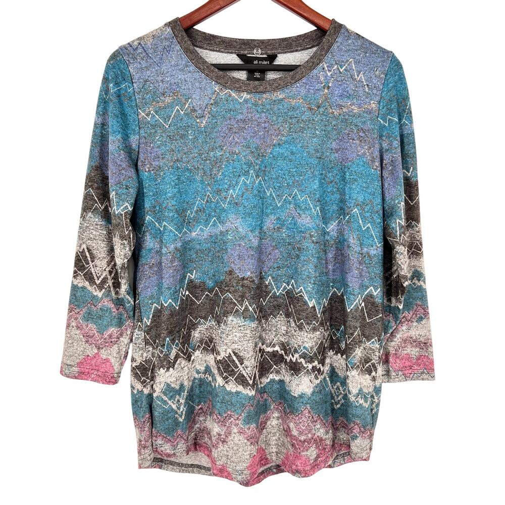Ali Miles Sz Medium Wearable Art to Wear Blue Pink Cozy Knit Blouse Shirt Top